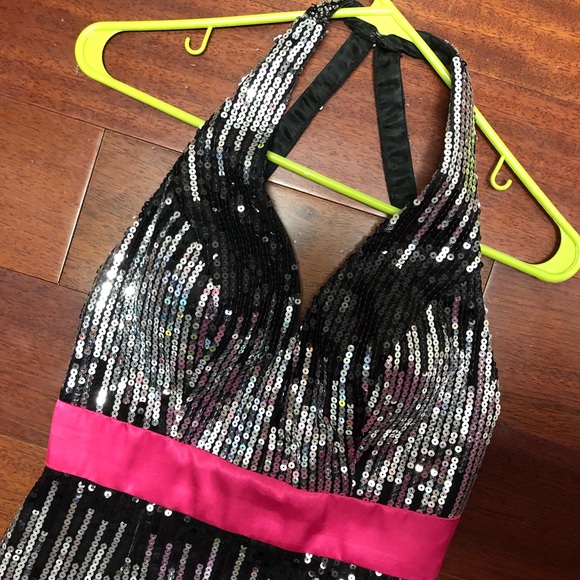 Black and Silver Halter Gown with Hot Pink Band - Picture 5 of 7